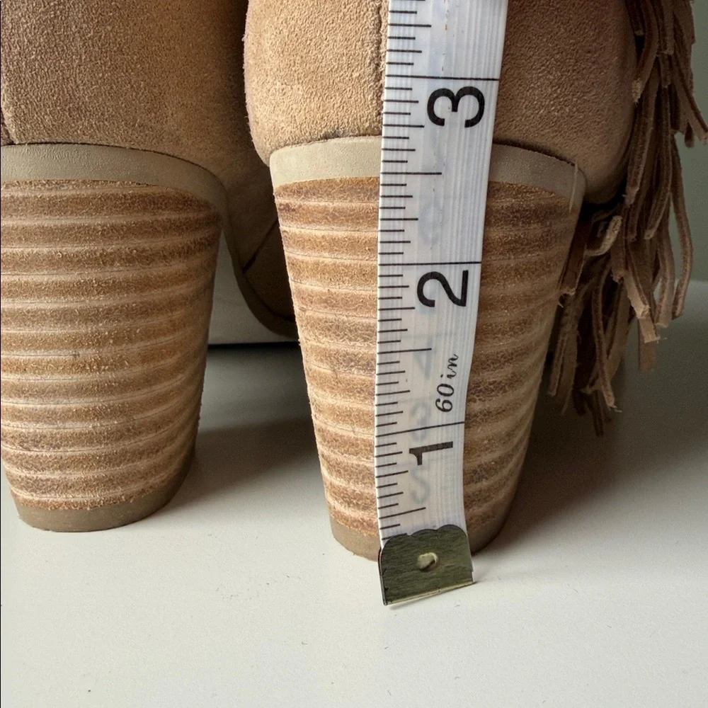 Matisse Cloey Beige Suede Fringe Side Zip Ankle Boots Stacked Heel Read
